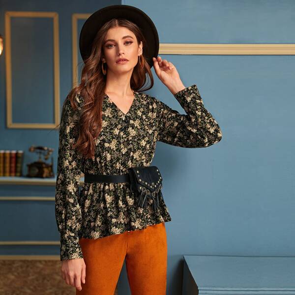 

Floral Print V-neck Blouse, Multicolor