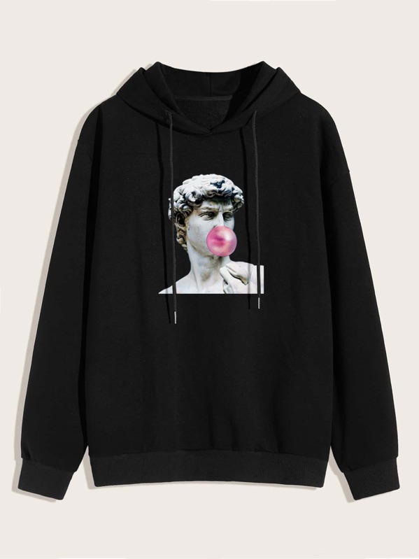 Men Figure Graphic Drawstring Hoodie, Black