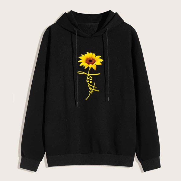 

Men Sunflower Print Drawstring Hoodie, Black