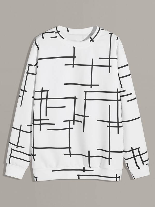 Men Drop Shoulder Geo Print Sweatshirt, White