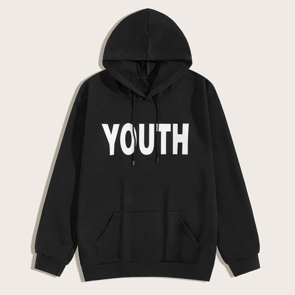 

Men Letter Graphic Drawstring Hoodie, Black