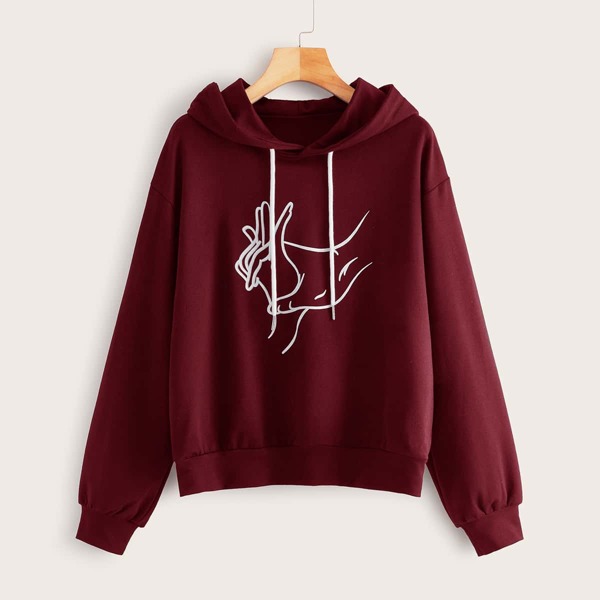

Hands Print Drop Shoulder Drawstring Hoodie, Burgundy