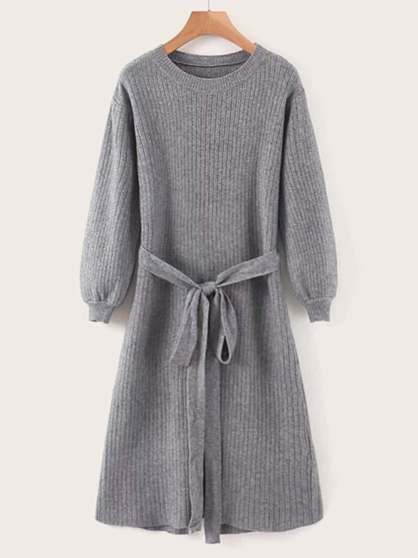 

Ribbed Knit Slit Back Belted Sweater Dress, Grey