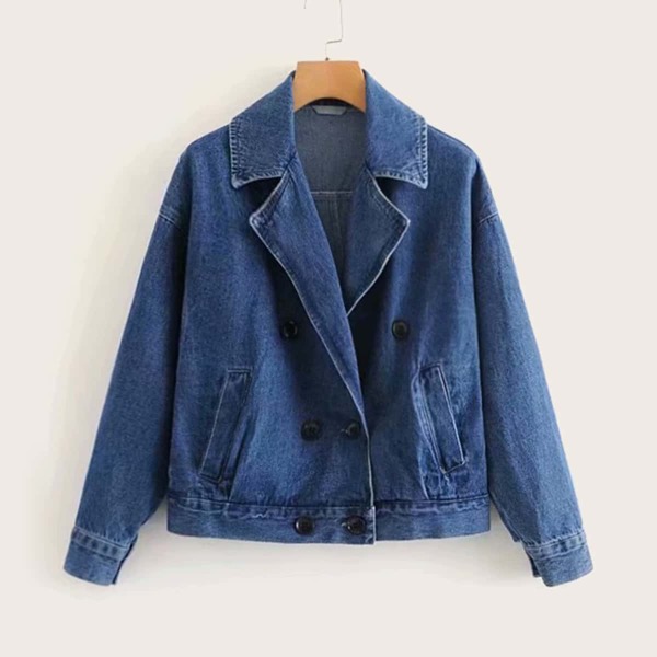 

Lapel Neck Double Breasted Denim Jacket, Navy