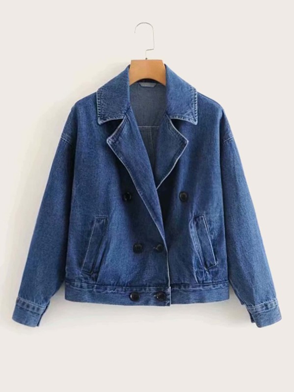 

Lapel Neck Double Breasted Denim Jacket, Navy