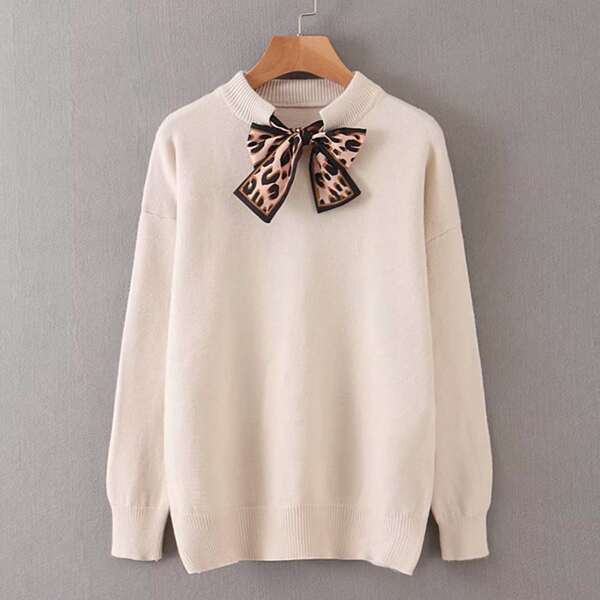 

Drop Shoulder Leopard Tie Neck Jumper, Beige