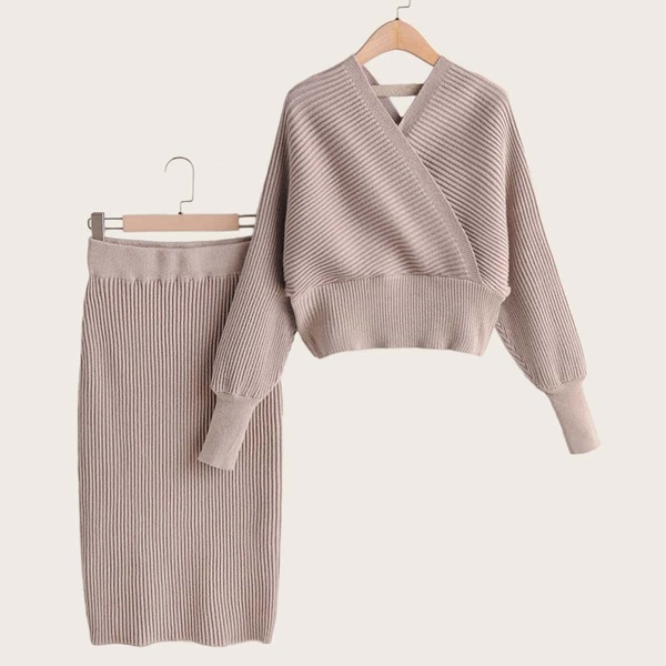 

Ribbed Knit Surplice Jumper & Sweater Skirt, Khaki