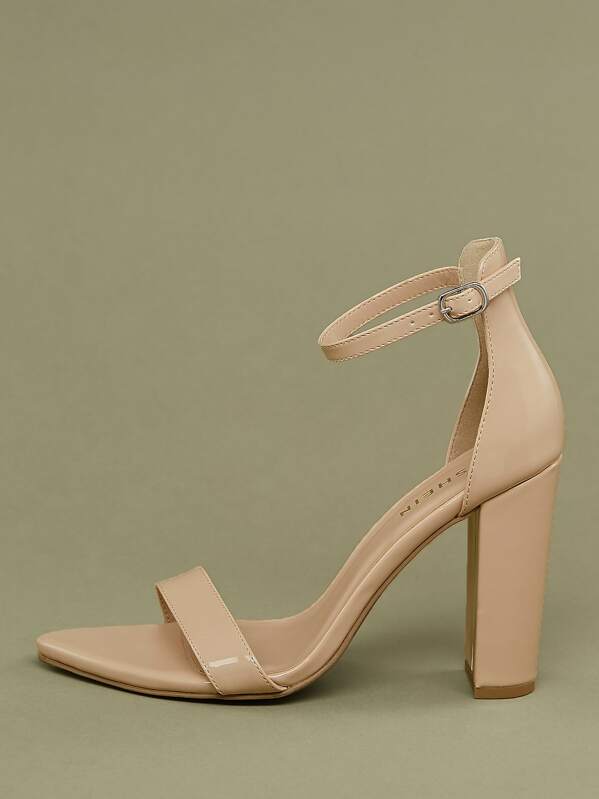 

Pointy Toe Buckled Ankle Chunky Heel Sandals, Nude
