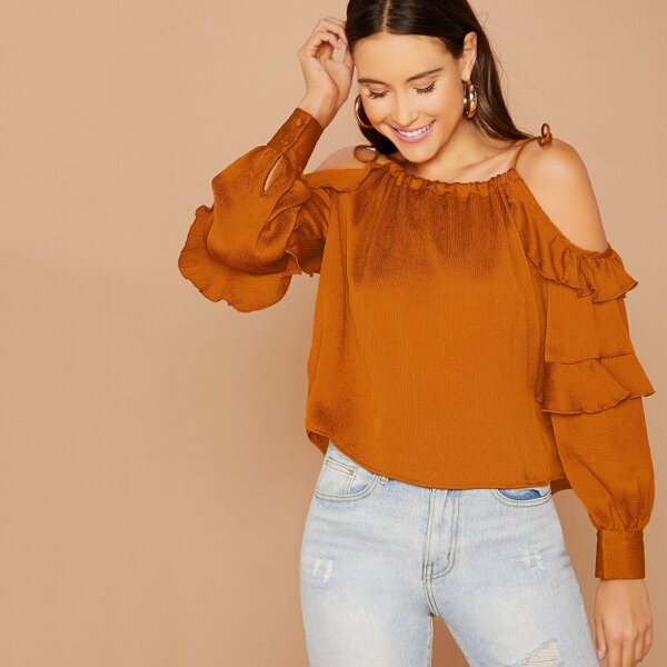 

Ruffle Long Sleeve Cold Shoulder Blouse, Camel