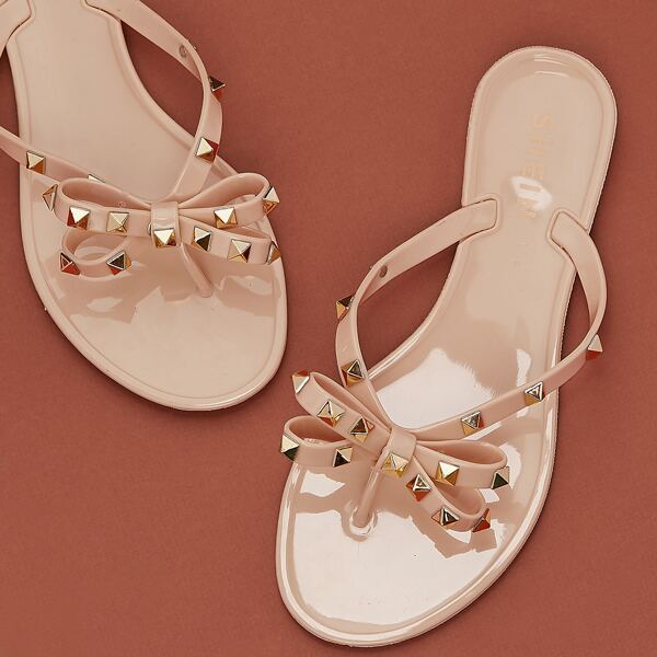 

Studded Bow Tie Jelly Y-Strap Sandals, Nude