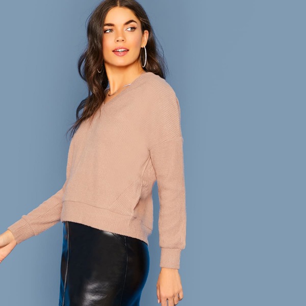 

V-Neck Drop Shoulder Ribbed Pullover Sweater, Nude