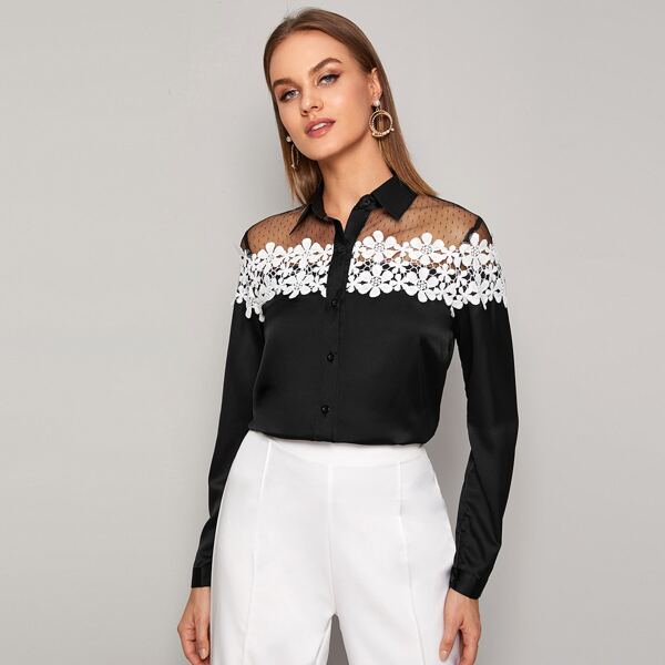 

Dobby Mesh Yoke Guipure Lace Panel Satin Blouse, Black and white