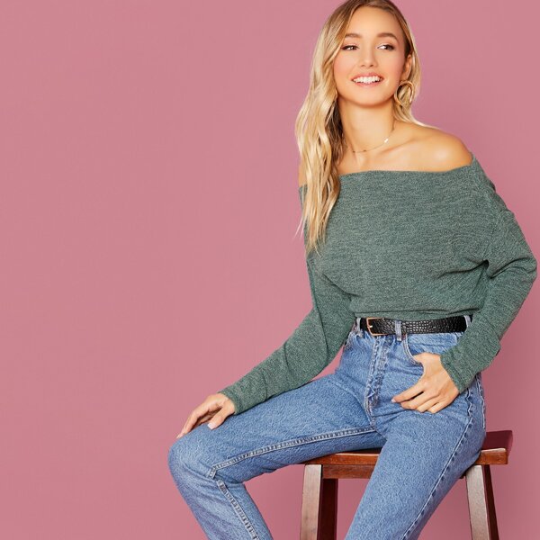

Knitted Boat Neck Pullover Sweater