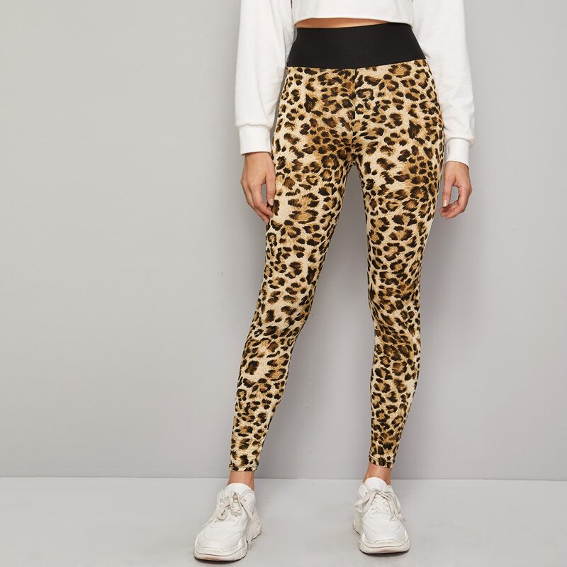 

Leopard Print Wide Waistband Cropped Leggings, Multicolor