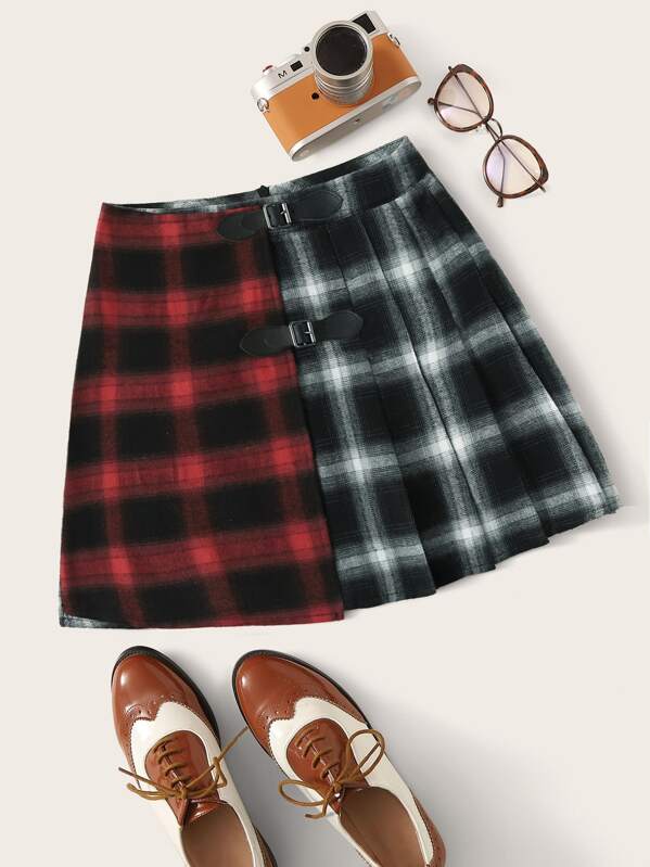 

Color-Block Plaid Buckle Tape Detail Skirt, Multicolor