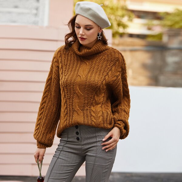 

Turtleneck Cable Chunky Knit Sweater, Brown