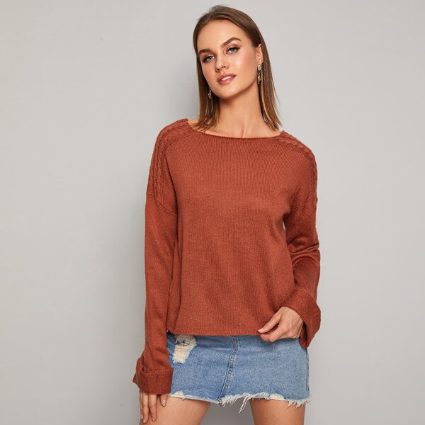

Contrast Cable Knit Solid Slouchy Sweater, Red