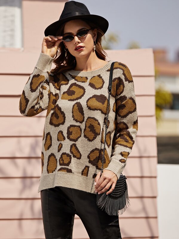 Graphic Print Side Split Sweater Without Bag, Multicolor, Vlada