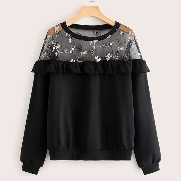 

Contrast Floral Embroidery Mesh Ruffle Trim Sweatshirt, Black