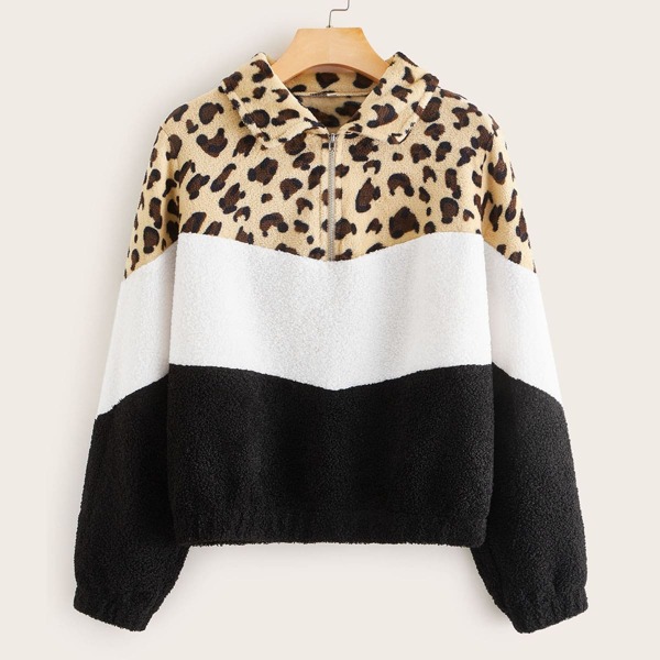 

Contrast Leopard Color-Block Teddy Sweatshirt, Multicolor