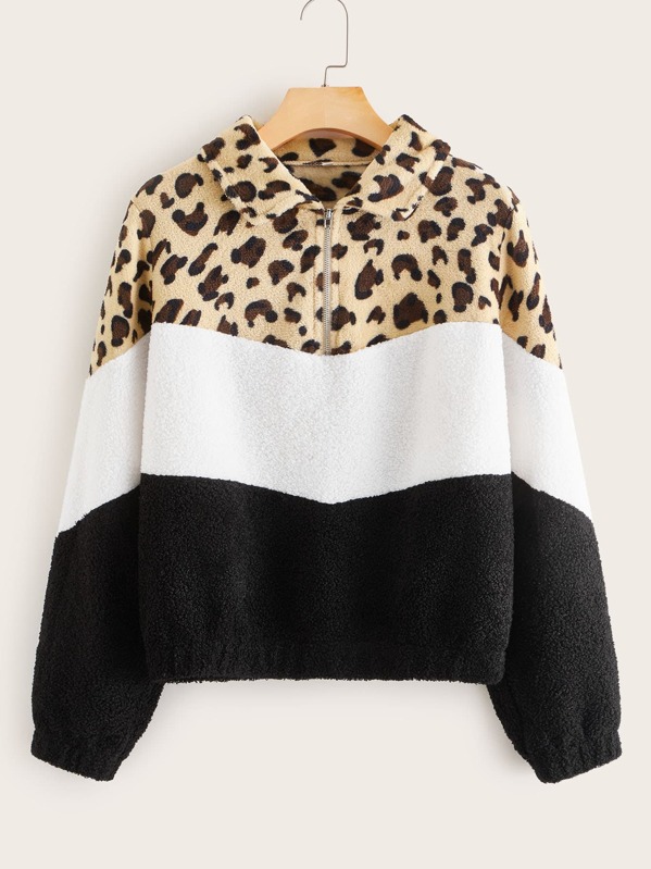 

Contrast Leopard Color-Block Teddy Sweatshirt, Multicolor