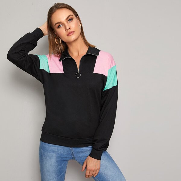 

Contrast Panel Half Zip Sweatshirt, Black