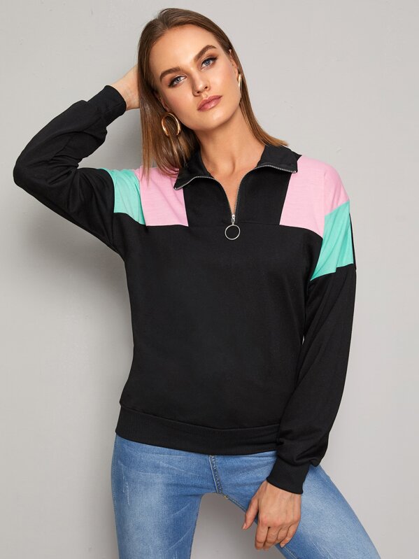 

Contrast Panel Half Zip Sweatshirt, Black, Rasa