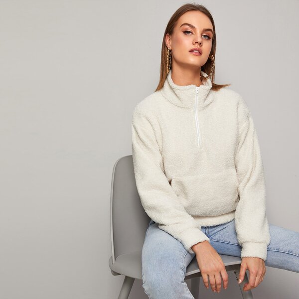 

Half Zip Kangaroo Pocket Teddy Sweatshirt, Beige