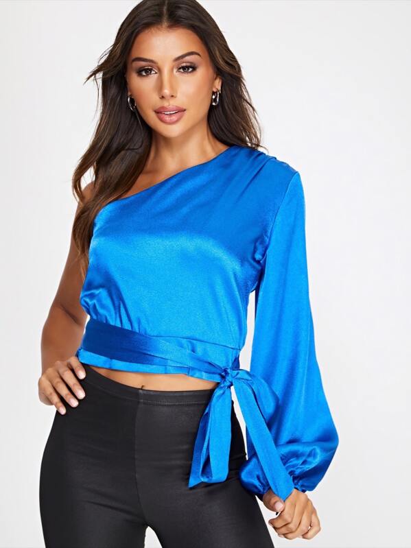 

One Shoulder Satin Tie Blouse, Blue, Amira S