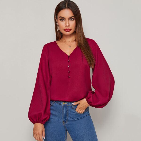 

Bishop Sleeve Button Front Blouse, Burgundy
