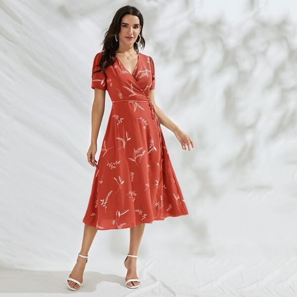 

Plant Print Wrap Knotted Dress, Orange