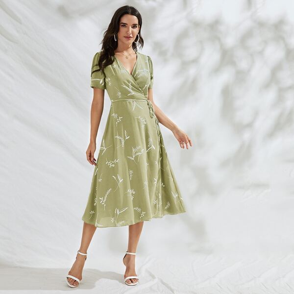 

Plant Print Wrap Knotted Dress, Olive green