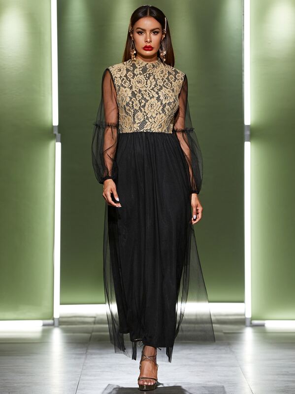 

Bishop Sleeve Two Tone Lace Mesh Dress, Black, Andy