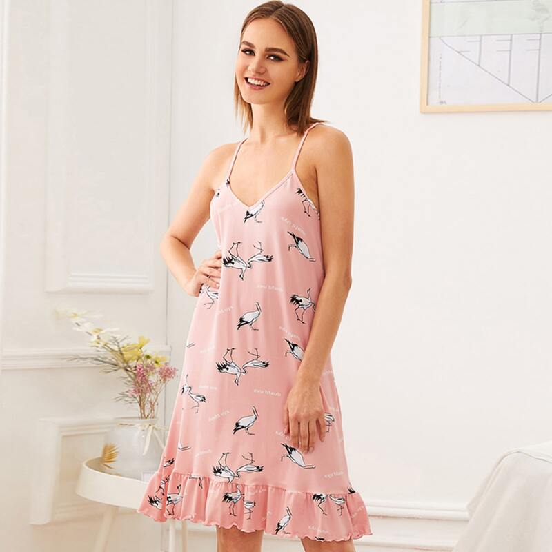 

Crane Print Ruffle Hem Cami Dress, Pink