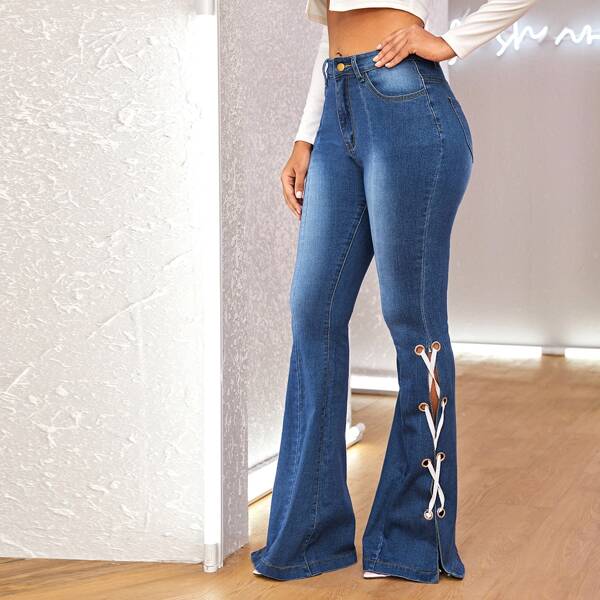

Lace Up Hem Flare Leg Jeans, Blue