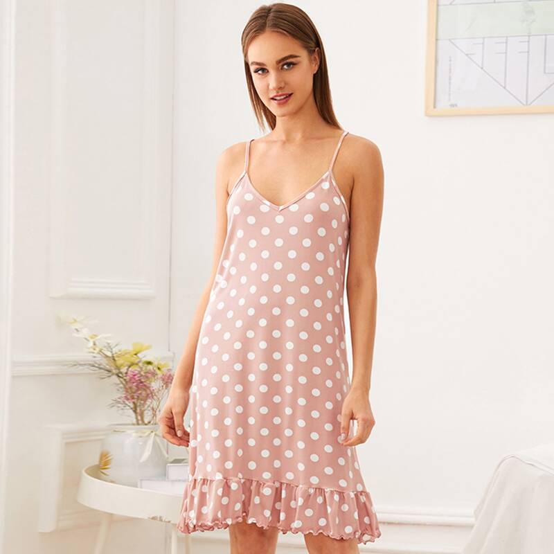 

Polka Dot Ruffle Hem Cami Dress, Pink
