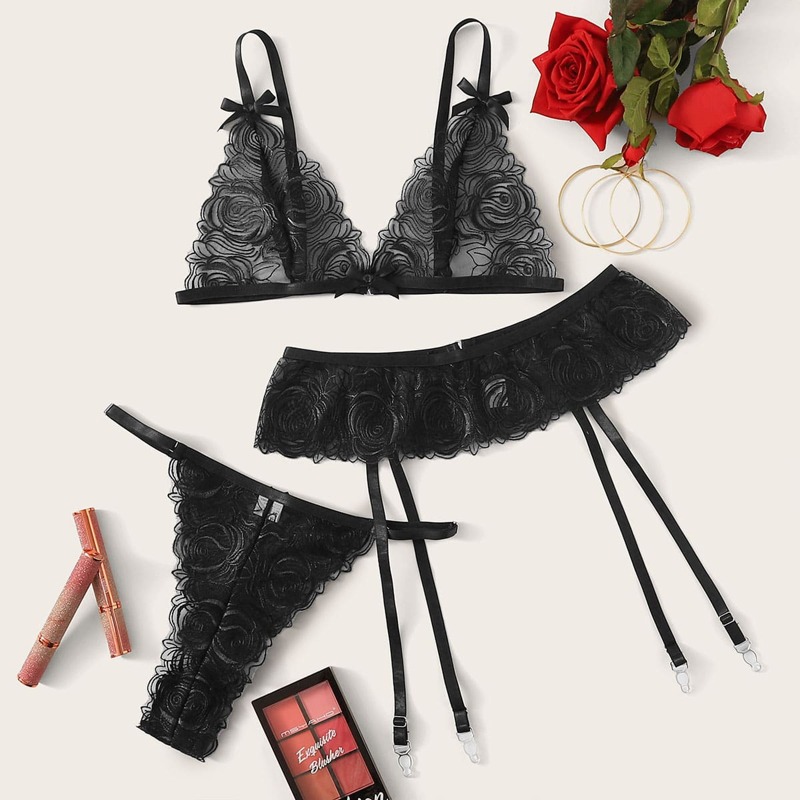 

Embroidered Mesh Garter Lingerie Set, Black