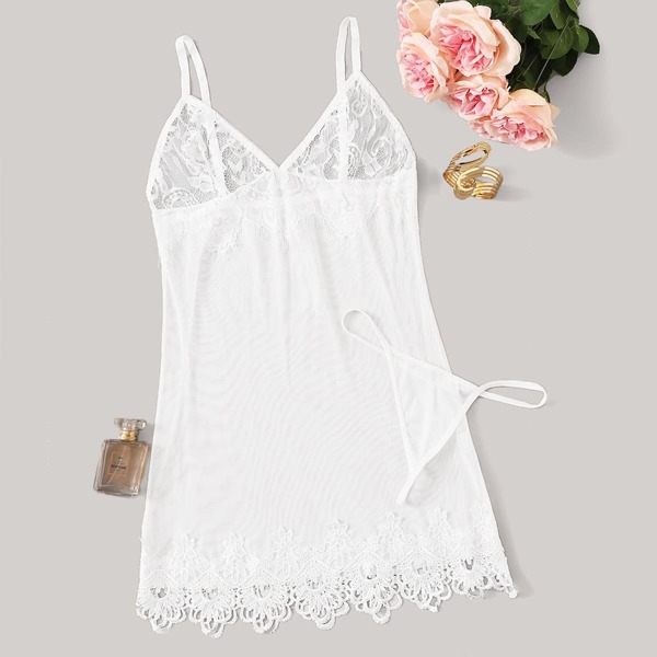 

Floral Lace Sheer Slips With Thong, White