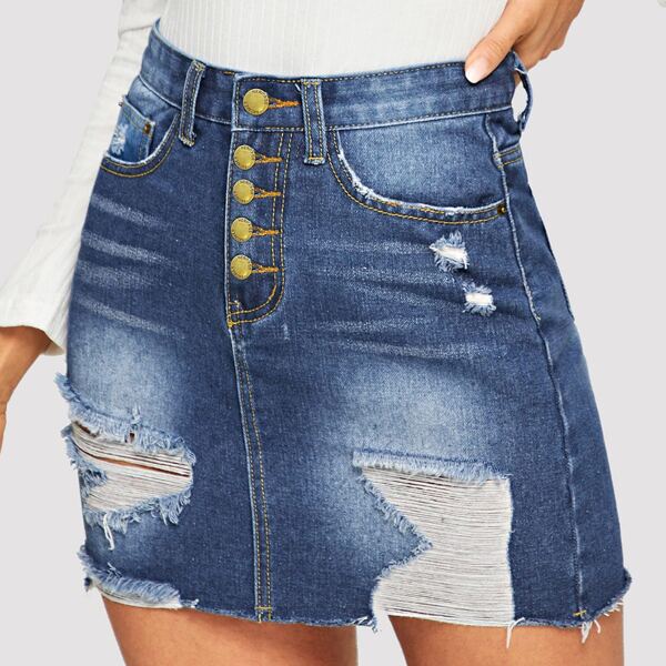

Ripped Raw Hem Button Fly Denim Skirt, Blue