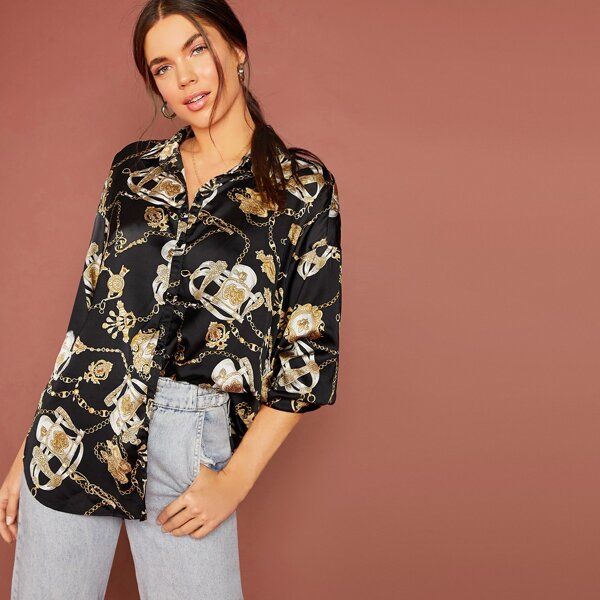 

Chain Print Curved Hem Shirt, Black