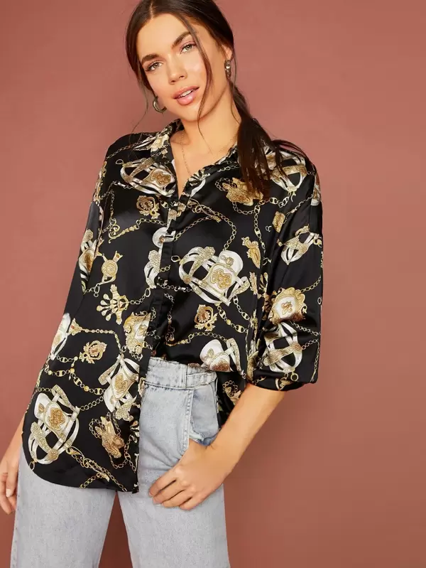 Camisa bajo curvo con estampado de cadena | Mode de Mujer Blusa con estampado de cadena | Mode de Mujer | SHEIN España