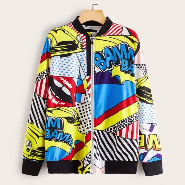 

Graphic Print Zip Up Bomber Jacket, Multicolor
