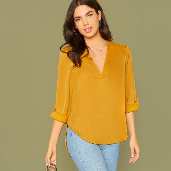 

Roll Tab Sleeve Curved Hem Top, Yellow