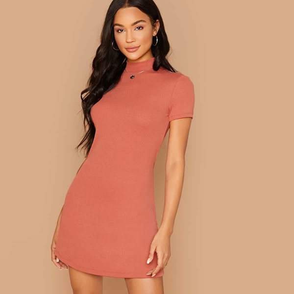 

Mock Neck Rib-knit Dress, Orange pastel