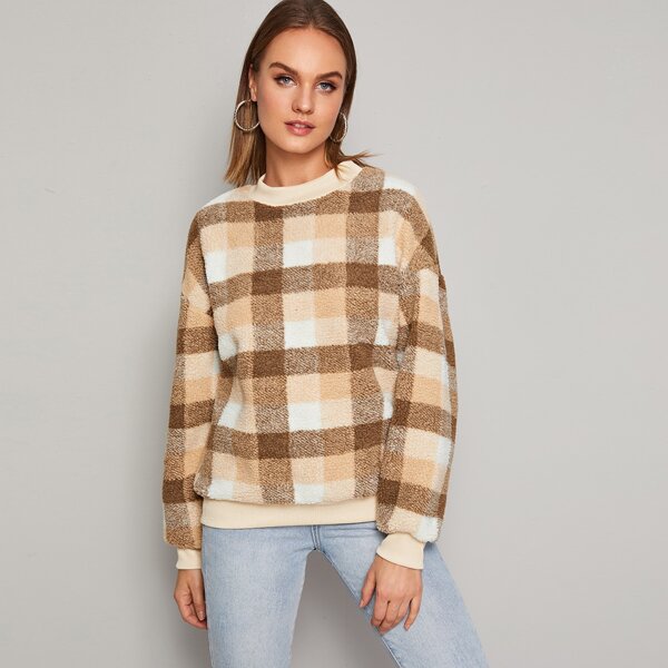 

Drop Shoulder Plaid Teddy Pullover, Multicolor