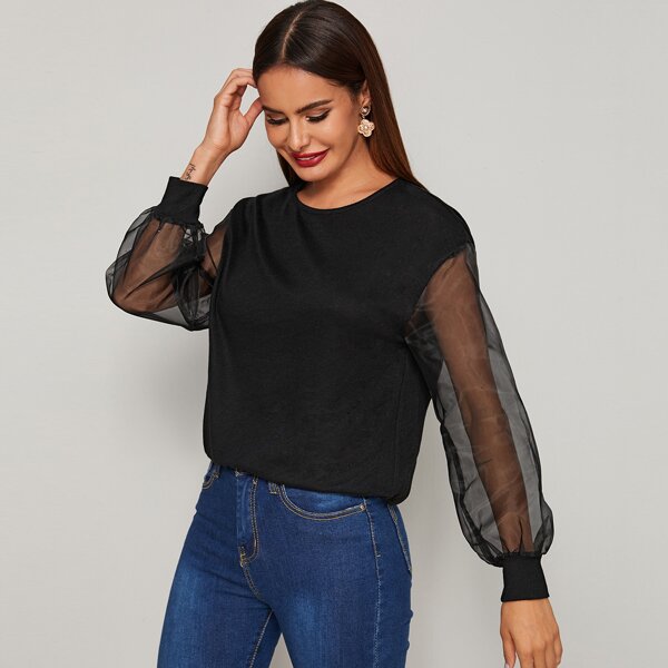 

Solid Mesh Bishop Sleeve Tee, Black