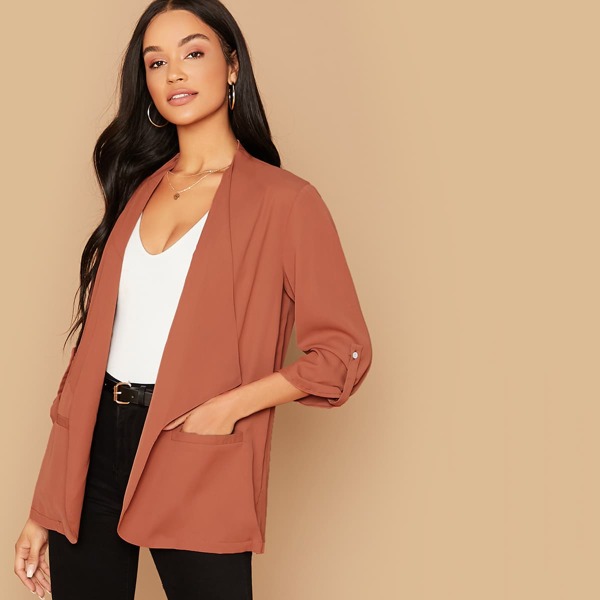 

Waterfall Collar Roll Up Sleeve Coat, Red