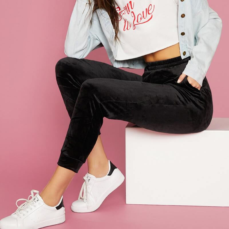 

High Waist Black Velvet Joggers