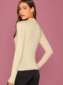 SHEIN Privé Camiseta unicolor de cuello alto - Beis - Ver 2