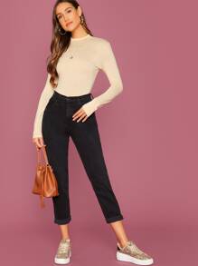 SHEIN Privé Camiseta unicolor de cuello alto - Beis - Ver 5